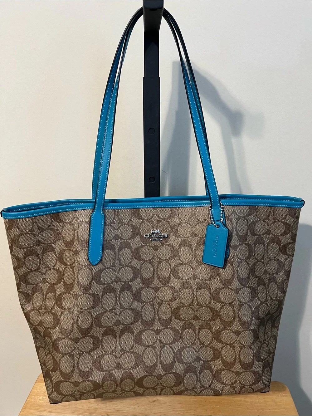 Coach Brown Signature Tote with Turquoise Trim